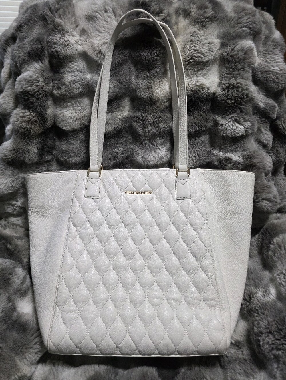 Vera Bradley Quilted White Leather Tote with Gold Logo